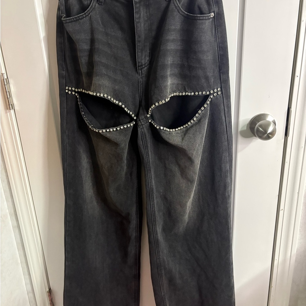 Forever 21 Black Straight-Leg Jeans with Rhinestone Cutout Trim